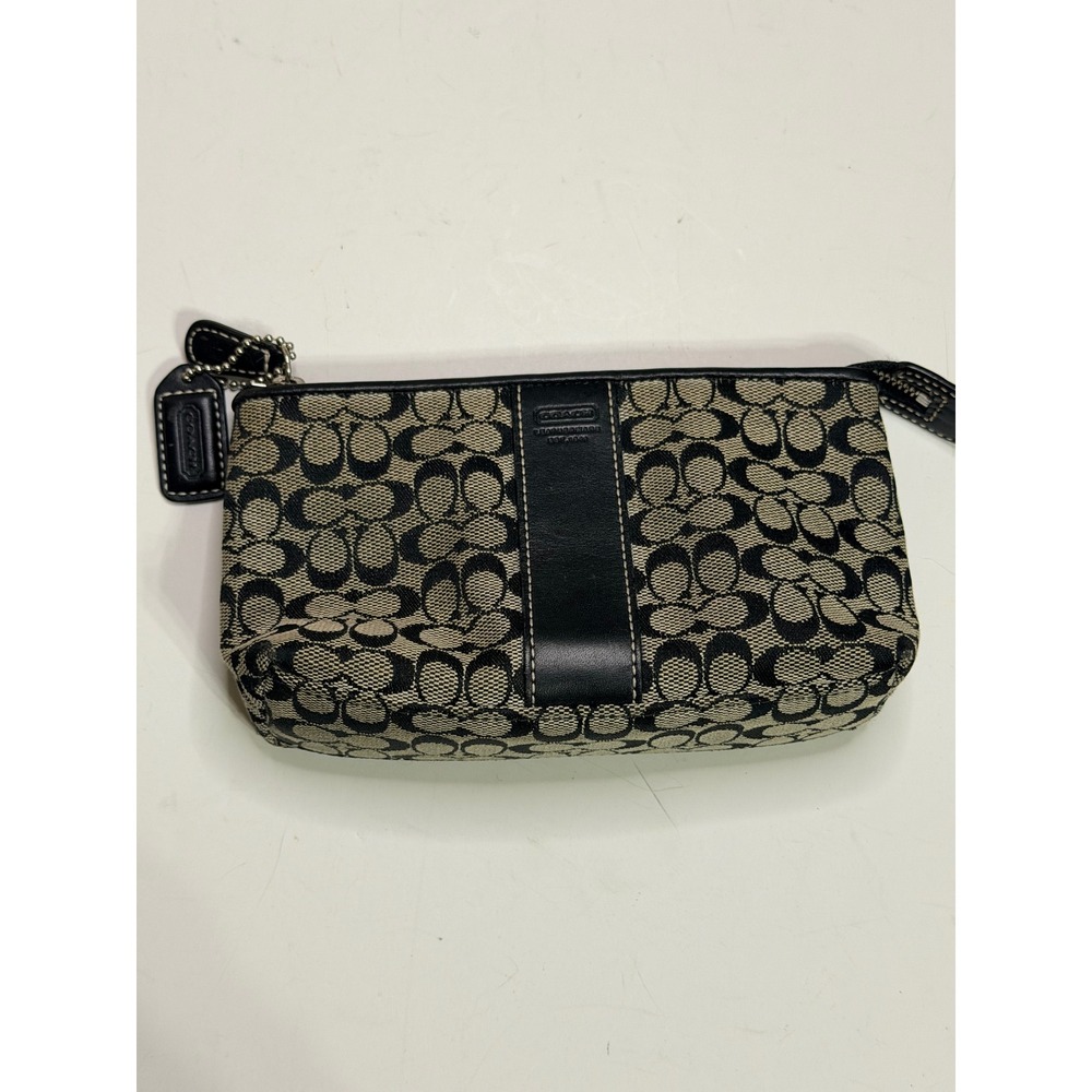 Coach Signature C Canvas Wristlet Black Gray Leather Trim Pouch Bag 40024